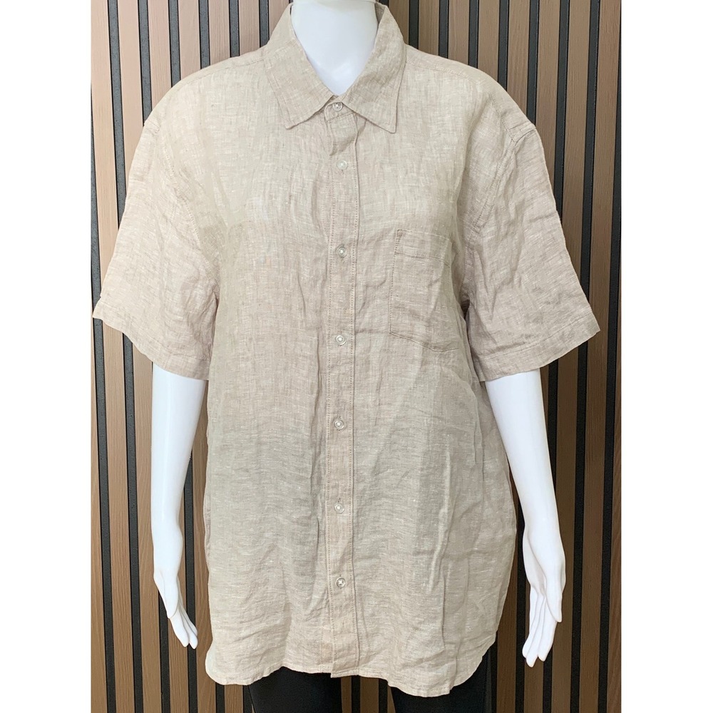 Thom Aaron Mens XL Linen Short Sleeve Button Down Shirt Beige Oatmeal Casual